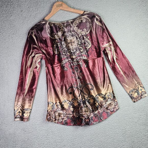 Style & Co Velvet Boho Tunic Flare Sleeve Baroque Festival Burgundy Y2K Peasant - Picture 2 of 12